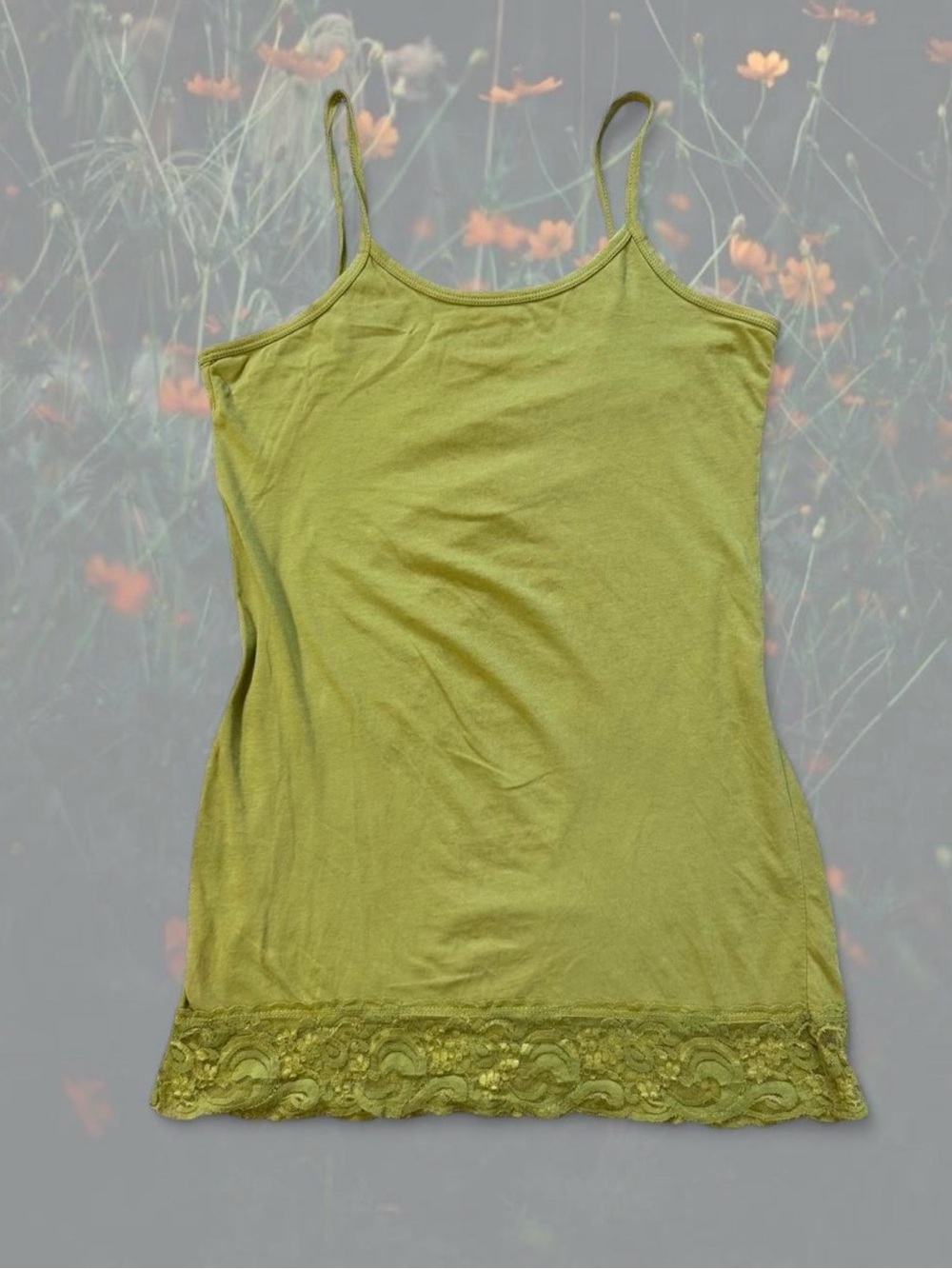 DOWNEAST BASICS Lace-Hem Spaghetti Strap Tank Top Green size M Fairy Y2K
